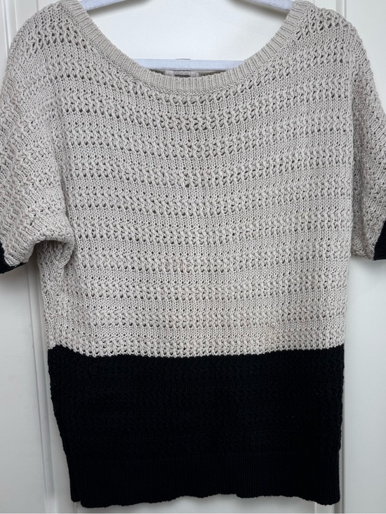 LOFT Sweaters - LOFT 100% Cotton Open Knit Colorblock Short Sleeve Sweater Beige Black L